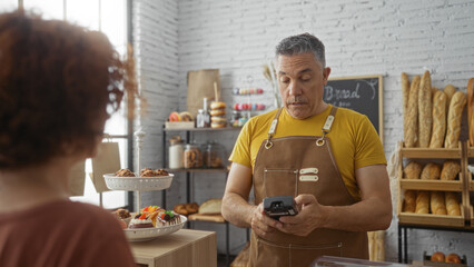 Baker working in a bakery shop with a woman customer indoors as he operates a payment machine