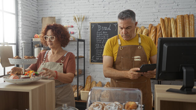 Man and woman working together in a bakery shop displaying baked goods and checking orders on a tablet indoors with bread and pastries in the background