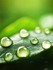 A high-definition macro photograph of crystal-clear water droplets delicately perched on the surface of a vibrant green leaf after a fresh rain.