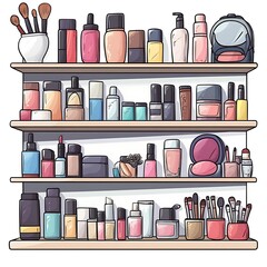 Cartoon shelves of makeup products and beauty tools on a white background.