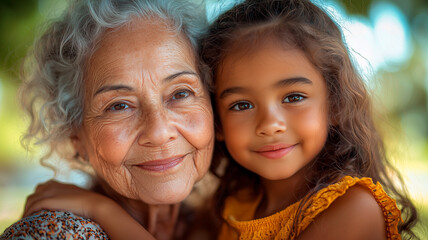Fototapeta premium Elderly Woman and Young Granddaughter Close-Up, Embracing Generations