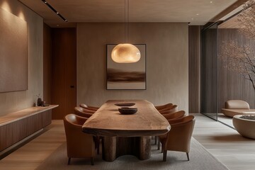 A minimalist dining room with a handcrafted wooden table, leather-upholstered chairs, and soft lighting that creates an ambiance of quiet luxury