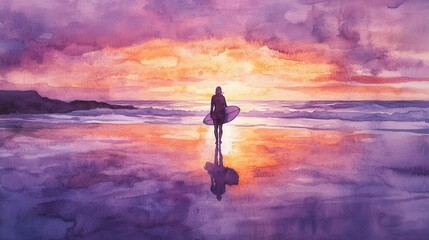 Watercolor Scene of Person Leaving the Beach at Sunset