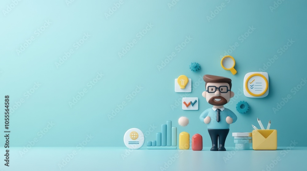 Poster creative business illustration featuring a cartoon character and data visuals for professional use