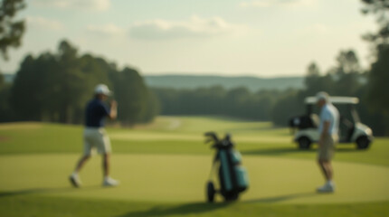 Obraz premium Golfers with golf cart and golf bag on a green field under a clear sky