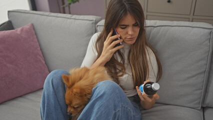 A woman sits on a sofa, talking on the phone with a pomeranian on her lap, holding a bottle indoors.