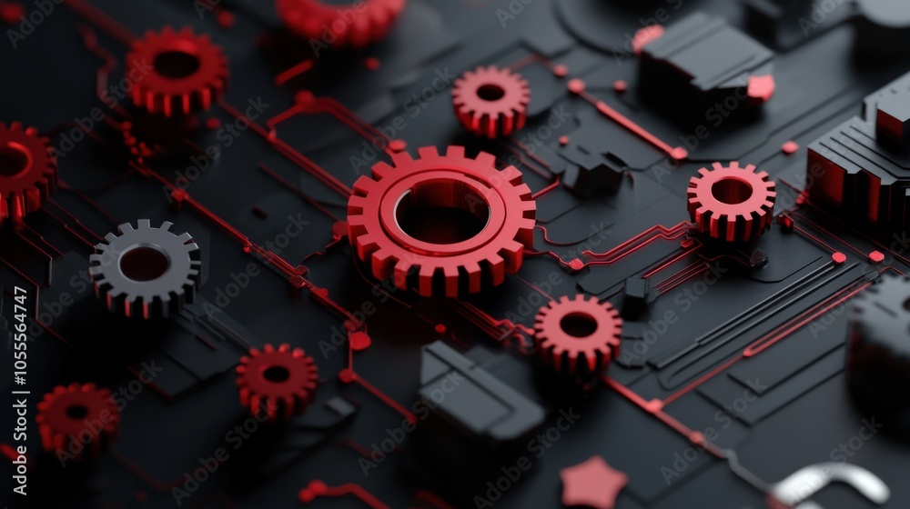 Poster Intricate red and black gear mechanism representing advanced technology and engineering concepts