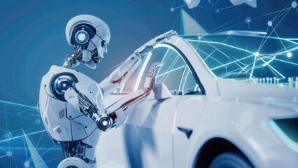 Futuristic robot interacting with a transparent car model in a digital environment