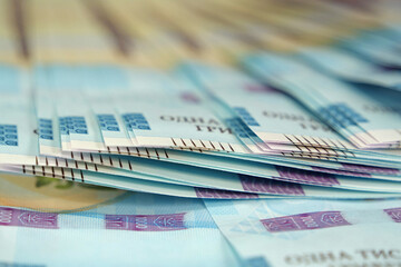 Banknotes 1000 Hryvnia. Real Ukrainian paper money of blue yellow color