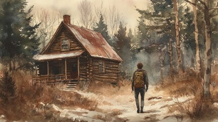 Tranquil Traveler Departing from Rustic Cabin