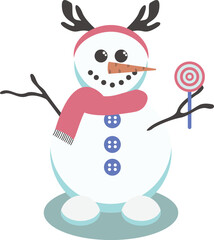 Snowman with candy vector. Christmas snowman deer antlers illustration.