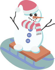 Snowman sledding vector. Christmas snowmen illustration.