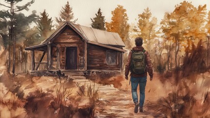 Traveler Departing from Rustic Cabin in Watercolor