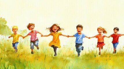Joyful Children Running in a Watercolor Landscape