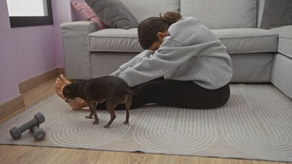 A young woman relaxes with her chihuahua in a cozy apartment living room, hinting at a peaceful indoor lifestyle with her pet.