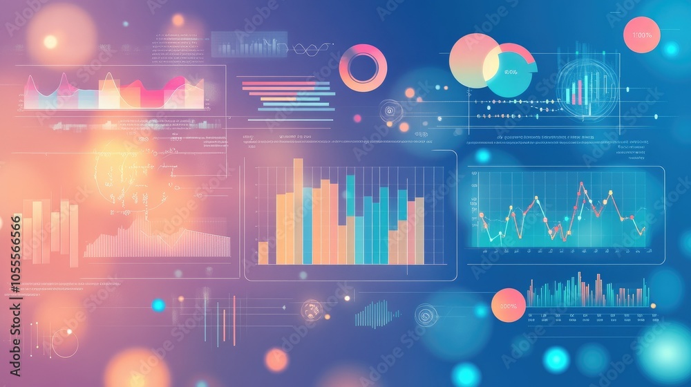Poster Banner with an interface of charts, graphs, and icons on a blurred background, concept of data analytics and progression