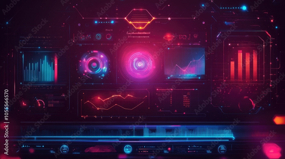 Poster banner with an interface of charts, graphs, and icons on a blurred background, concept of data analy