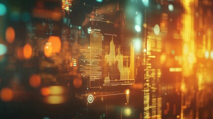 Obraz premium Banner with an interface of charts, graphs, and icons on a blurred background, concept of data analytics and progression