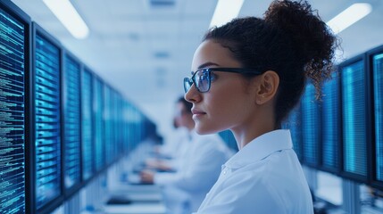 A side profile of a woman in a lab coat, focused on digital screens in a high-tech environment. Displays show data and coding, emphasizing technology and innovation.