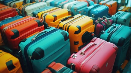 Colorful luggage in a bustling airport, symbolizing the thrill and mystery of journeys yet to begin