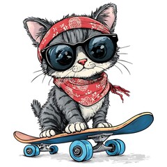 Cartoon cool cat with a skateboard and a bandana on a white background.