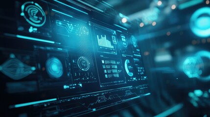 Conceptual image of a computer screen with webinar and online course icons, digital classroom technology, futuristic look