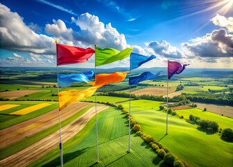 Vibrant Drone Photography of Four Multicolored Banners in a Scenic Outdoor Setting