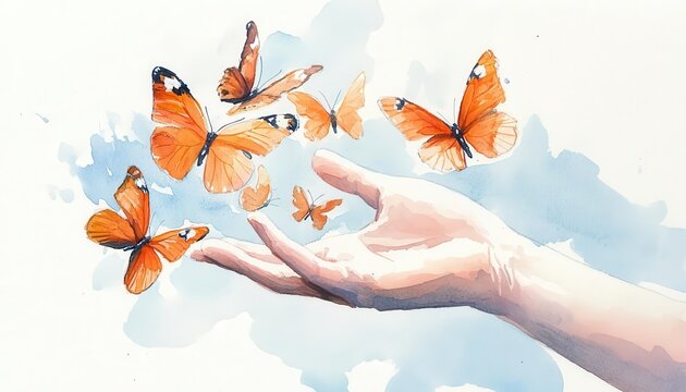 Watercolor of an open hand releasing butterflies with orange wings, Freedom from Illness, hope for recovery