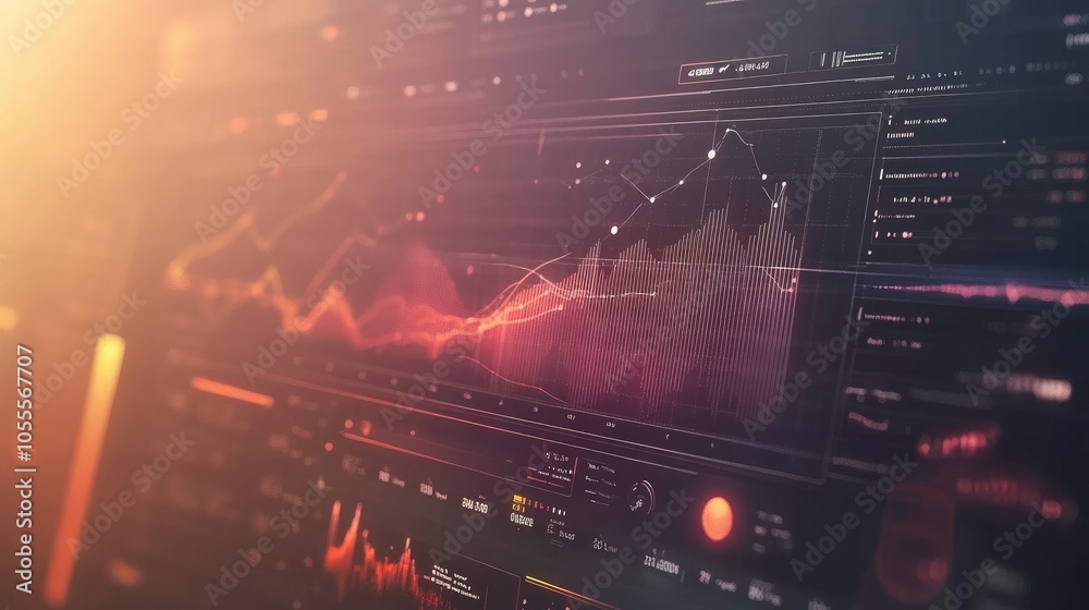 Poster Digital interface with icons, timeline, and graphs, soft blurred background, concept for analytics and data dashboard