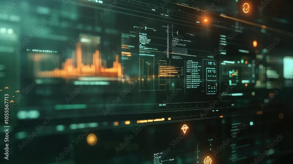 Poster Digital interface with icons, timeline, and graphs, soft blurred background, concept for analytics and data dashboard