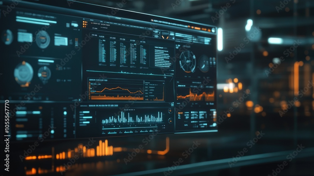 Aufkleber digital interface with icons, timeline, and graphs, soft blurred background, concept for analytics a