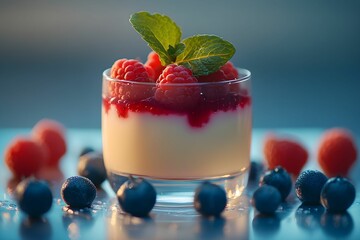 panna cotta, deser, owoce leśne, sos malinowy, świeża mięta, elegancka prezentacja, kuchnia włoska, deser śmietankowy, fine dining, luksusowy deser, wykwintne słodycze, restauracyjna prezentacja, krem