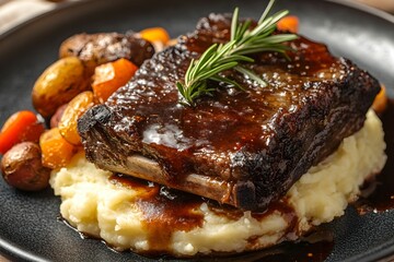 polędwica wołowa, duszone żeberka, redukcja z czerwonego wina, puree ziemniaczane, pieczone warzywa, czosnkowe puree, szalotka, rozmaryn, elegancka kuchnia, wykwintna kuchnia, danie mięsne, luksusowe 