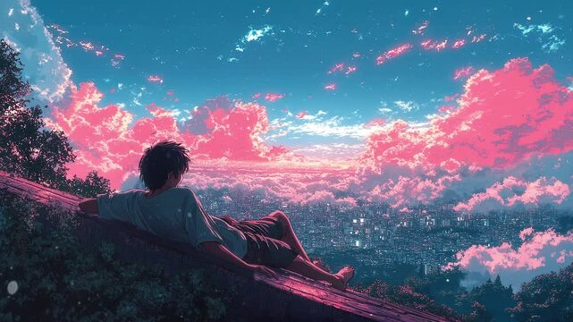 A man sitting on top of a car looking at the sun. Loop animation