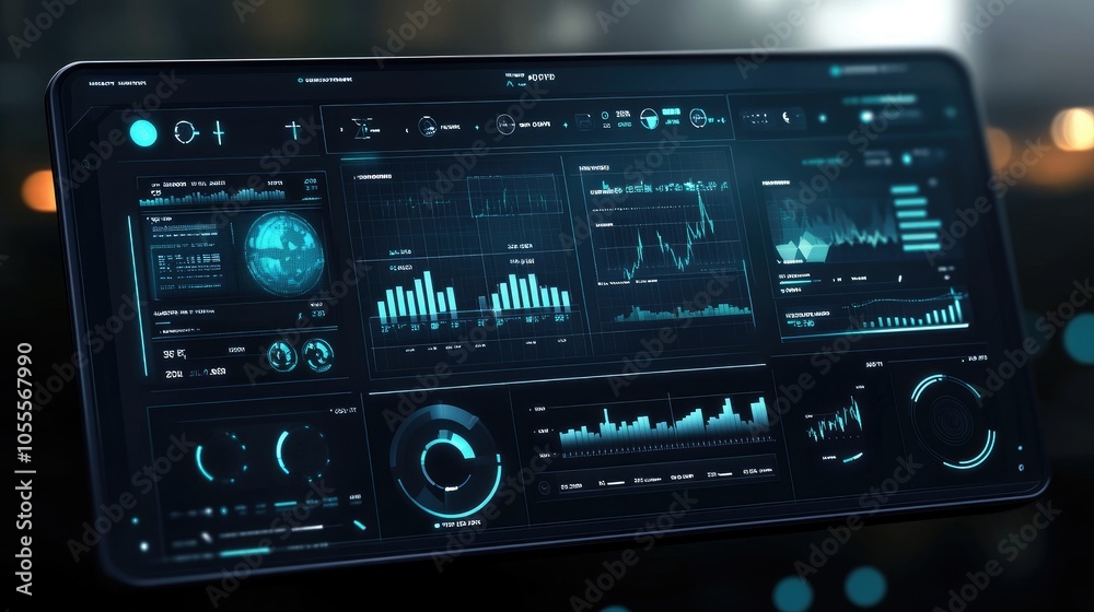 Aufkleber Futuristic digital dashboard with graphs and charts over a blurred background, interactive concept for data representation