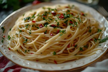 spaghetti aglio e olio, makaron spaghetti, oliwa z oliwek, czosnek, peperoncino, natka pietruszki, danie włoskie, wykwintna kuchnia, kuchnia śródziemnomorska, kuchnia europejska, minimalizm, elegancka