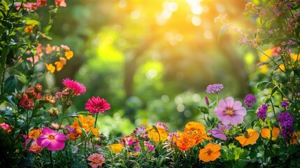Obraz premium Garden stage filled with vibrant, colorful flowers, set against a lush green backdrop under sunlight