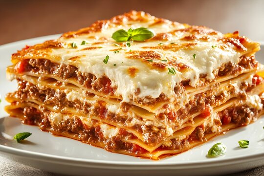lasagne bolognese, kuchnia włoska, makaron, wołowina ragu, sos beszamelowy, ser parmezan, ser mozzarella, domowa lasagne, kuchnia śr&oacute;dziemnomorska, talerz ceramiczny, danie gł&oacute;wne, kuchnia europejska,