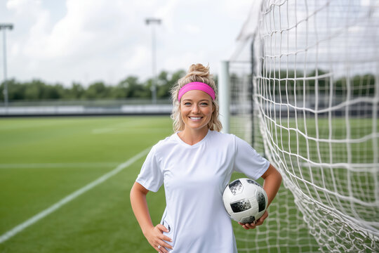 A young soccer player stands confidently by the goal with a ball during training on a sunny day - Powered by Adobe
