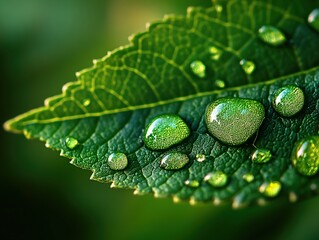 A high-definition macro photograph of crystal-clear water droplets delicately perched on the surface of a vibrant green leaf after a fresh rain.