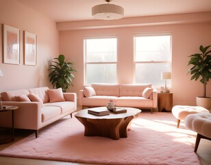 mid century scandinavian interior design of modern living room with colorful multicolored furniture