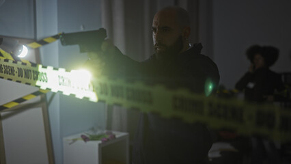Bald man and woman detectives with gun indoor crime scene night investigation
