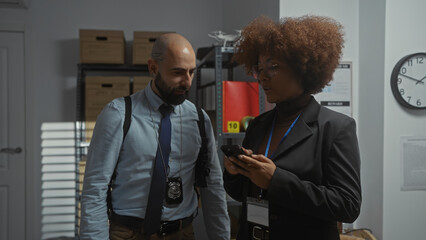 A man and woman, depicted as detectives, scrutinize a smartphone in a dimly lit, cluttered office...