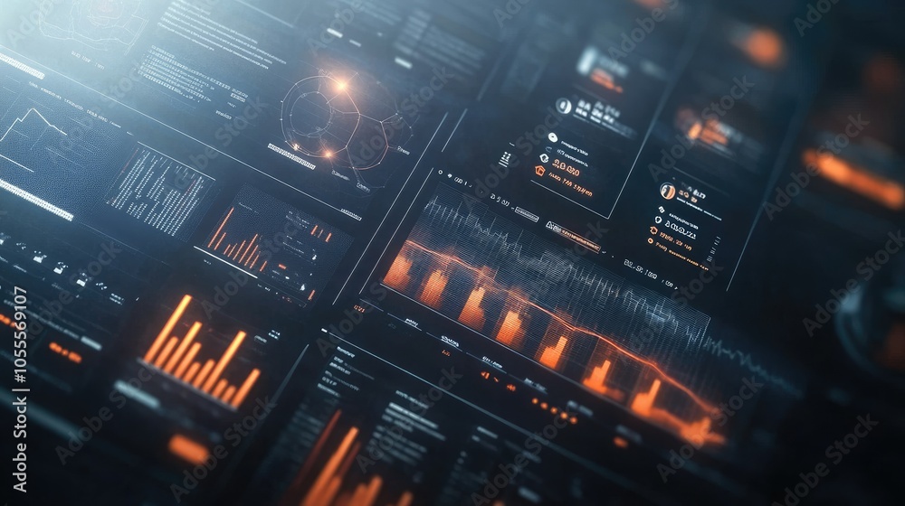 Poster modern interface with statistical charts, icons, and timeline elements on a hazy background, ideal f