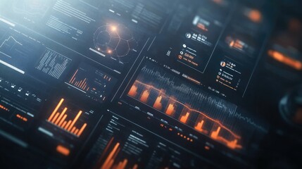 Obraz premium Modern interface with statistical charts, icons, and timeline elements on a hazy background, ideal for tech websites