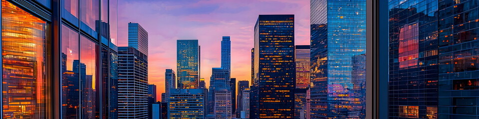 A city view with a sunset in the background