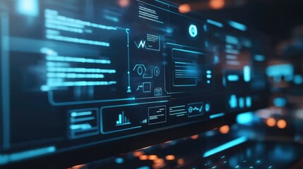 Obraz premium Online course concept on a computer screen, icons representing webinar tools, clean and modern educational technology setup