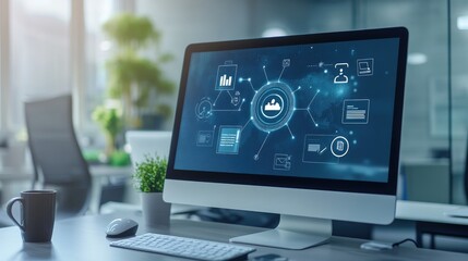 Online course concept on a computer screen, icons representing webinar tools, clean and modern educational technology setup