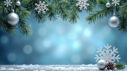 Winter holiday decorations with silver baubles and snowflakes on pine branches