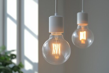 Minimalist light bulbs with visible filaments, casting a warm glow in a sunlit modern interior